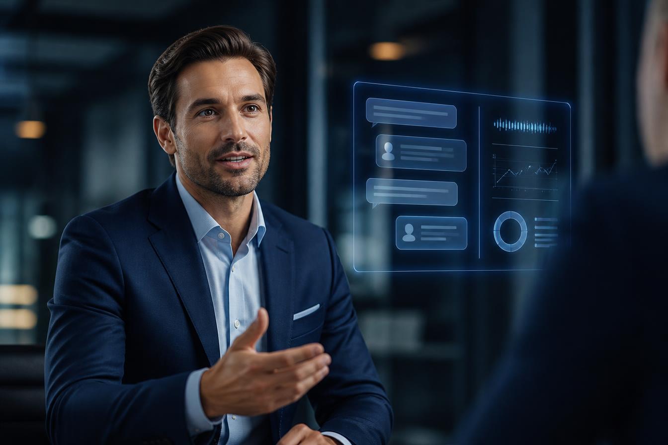 Sales professional coached by an AI interface during a customer conversation