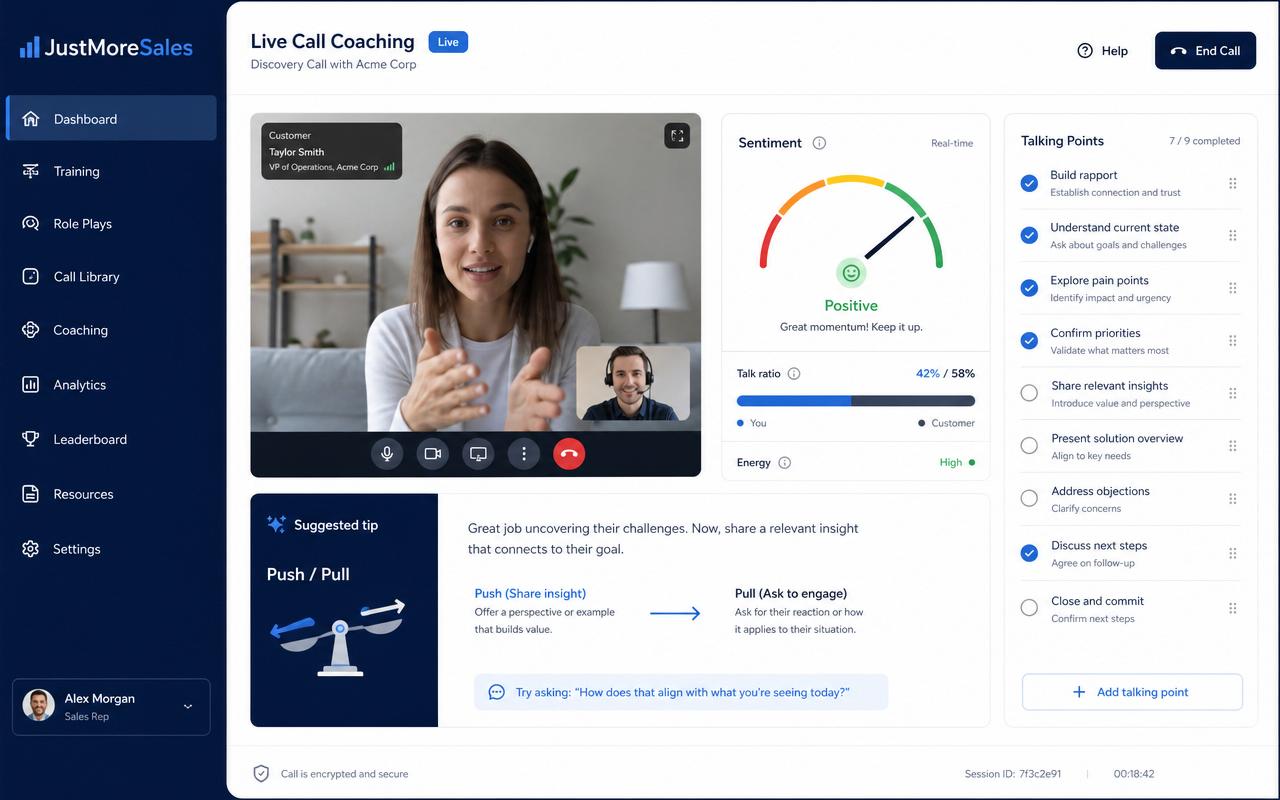JustMoreSales live call coaching dashboard showing sentiment analysis, talk ratio, and push-pull tips